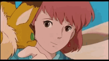 a cartoon girl with pink hair is standing next to a cat .