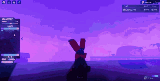 a video game screen shows a purple background and a purple sky