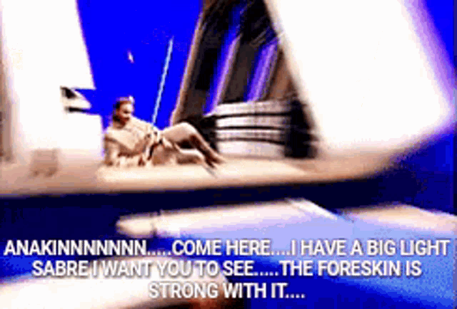 a cartoon of anakin talking to sabre and the foreskin is strong with it