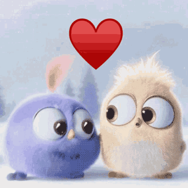 two cartoon birds kissing with a red heart in the background