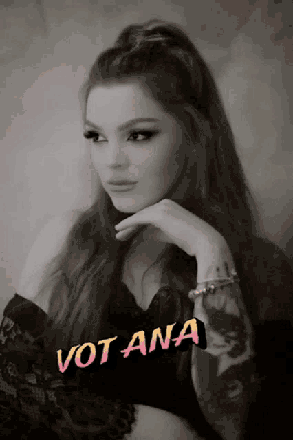 a black and white photo of a woman with the name votana on the bottom right