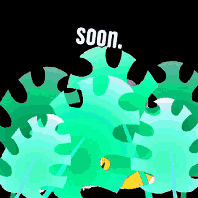 a cartoon drawing of a monster with the word soon written on it
