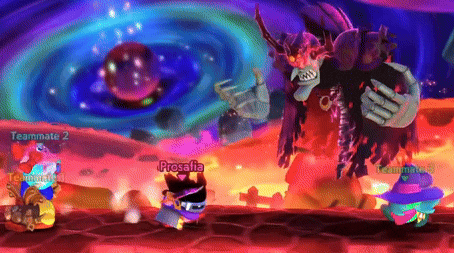 a video game character named prosafia is standing in front of a monster