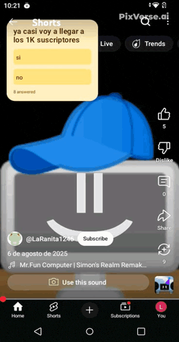 a screenshot of the pixverse app showing a blue hat