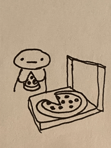 a drawing of a man holding a slice of pizza next to a pizza box