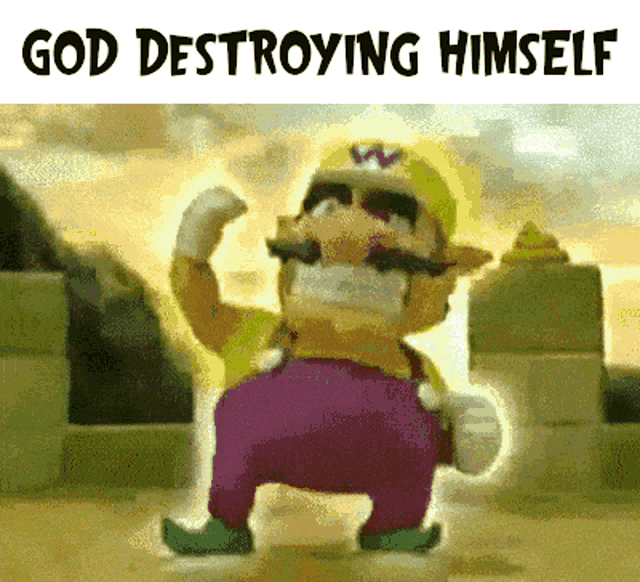 a cartoon character with the words " god destroying himself " on the bottom