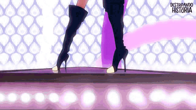 a woman wearing thigh high boots is standing on a stage with the words " destripando historia " in the background