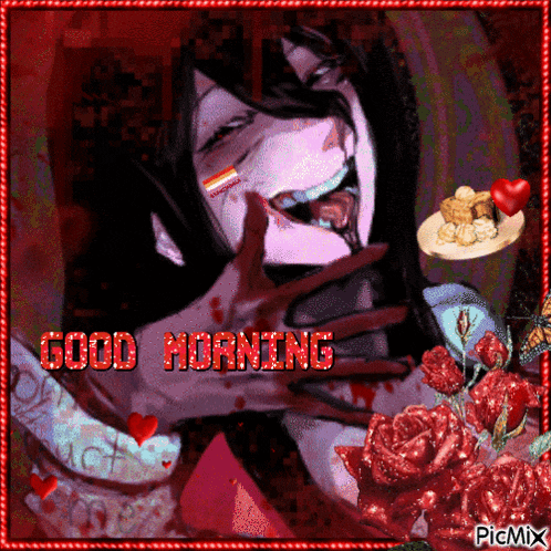 a picture of a vampire with the words good morning written in red