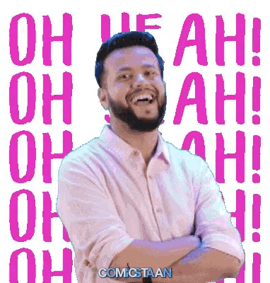 a man with a beard is laughing with his arms crossed in front of a background that says oh yeah !