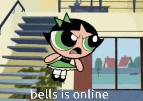 buttercup from the powerpuff girls is jumping in the air with the words " bells is online " below her