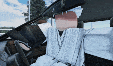 a roblox character is sitting in a car wearing a white shirt that says ' samurai ' on the front