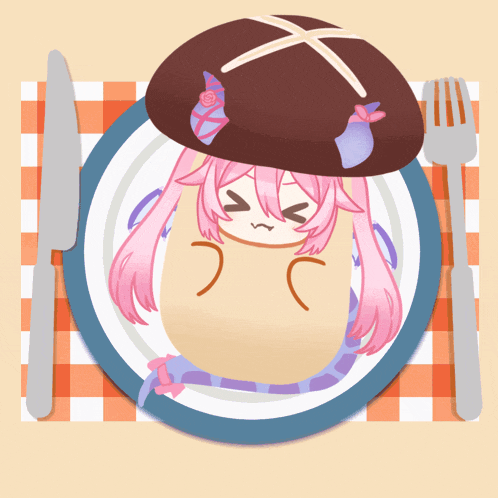 a drawing of a girl with pink hair sitting on a plate with a knife and fork