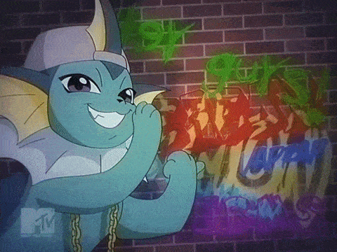 a cartoon character is standing in front of a brick wall with graffiti on it and a mtv logo in the corner