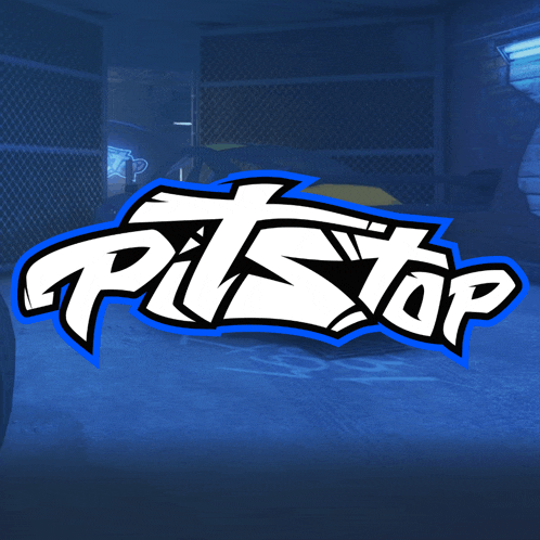 a blue and white logo for pitstop with a yellow car in the background