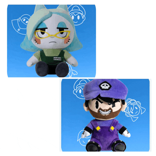 two stuffed animals one of which is a man in a purple outfit