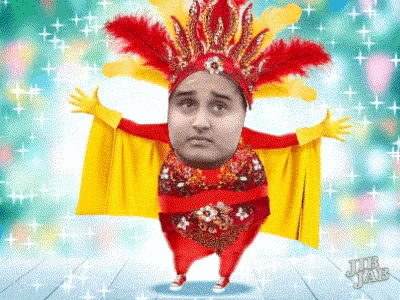 a cartoon drawing of a man in a red and yellow costume