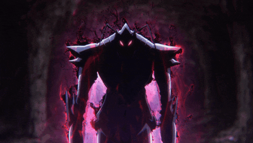 a silhouette of a monster with red eyes and a purple background