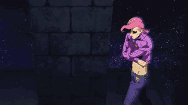 a cartoon character with pink hair and a pink hat