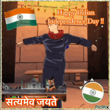 a happy indian independence day greeting with a cartoon character