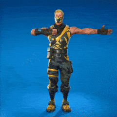 a man with a mask on his face is standing with his arms outstretched on a blue background