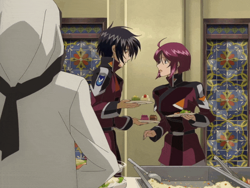 a couple of anime characters are standing next to each other holding plates of food
