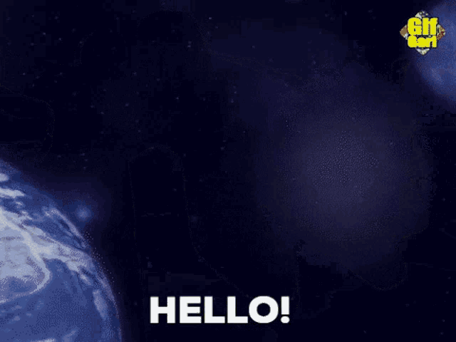 a gif of a plane flying through the sky with the words `` hello '' written on it .