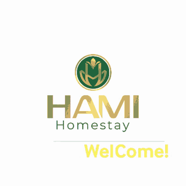 a logo for hami homestay with a green flower in the middle