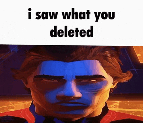 a cartoon character with blue hair is looking at the camera with the words `` i saw what you deleted '' written above him .