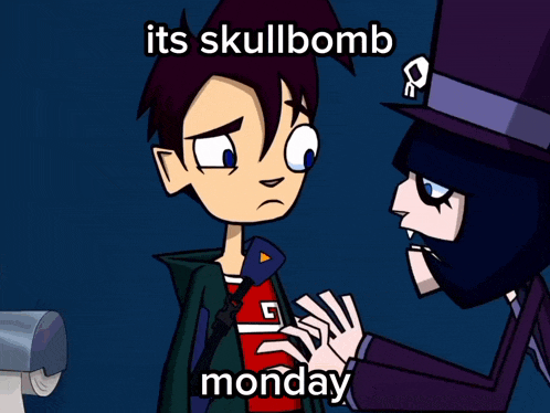 a cartoon of a man holding a top hat with the words its skullbomb monday below him