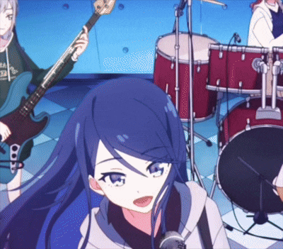 a girl with blue hair is singing into a microphone while playing a guitar