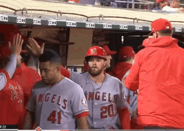 a baseball player with the number 20 on his jersey stands in the dugout