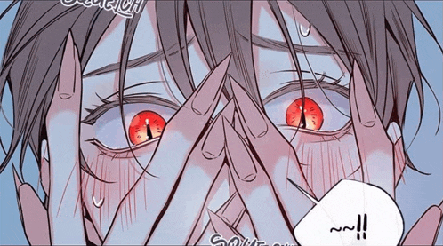 a close up of a person 's face with red eyes
