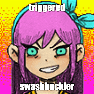 a drawing of a girl with pink hair and blue eyes with the words triggered swashbuckler written on it .