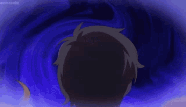 a group of anime characters are standing around a man with a purple background