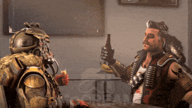 a man holding a bottle of beer talks to another man in a video game