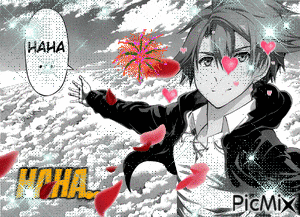 a black and white drawing of a boy with hearts on his face and a speech bubble that says haha