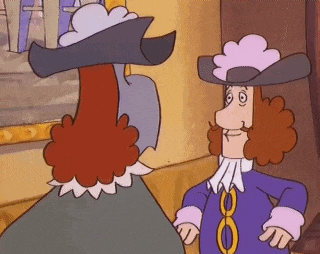 two cartoon characters are standing next to each other in a room .