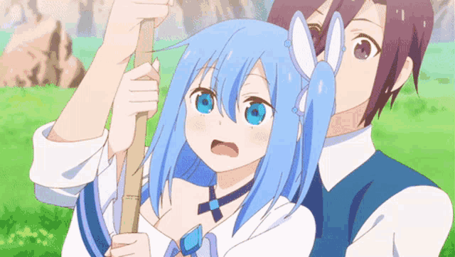 a girl with blue hair is being held by a boy with purple hair
