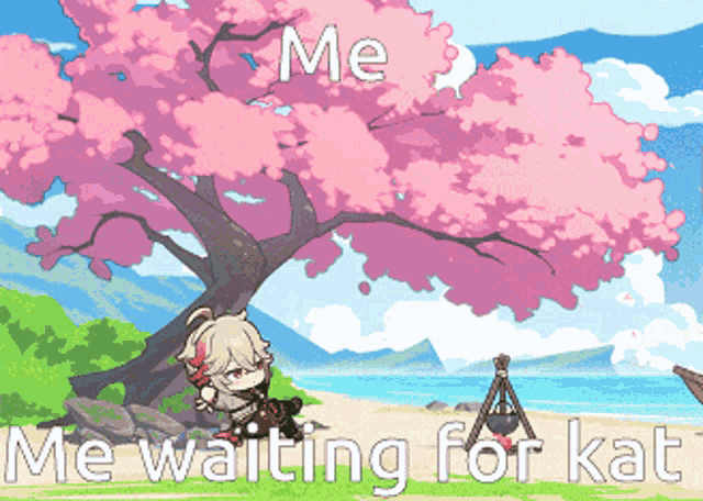 a cartoon of a girl sitting under a cherry blossom tree with the caption me waiting for kat