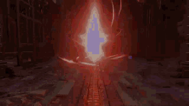 a person is holding a gun in a video game and there is a red light coming out of the barrel .