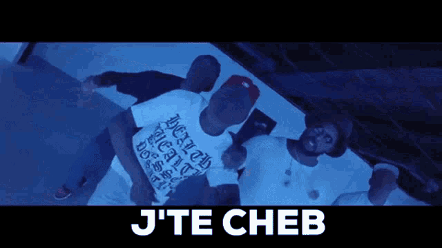 a group of men are dancing with the words j ' te cheb on the bottom