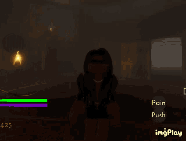 a screenshot of a video game with a girl standing in the dark