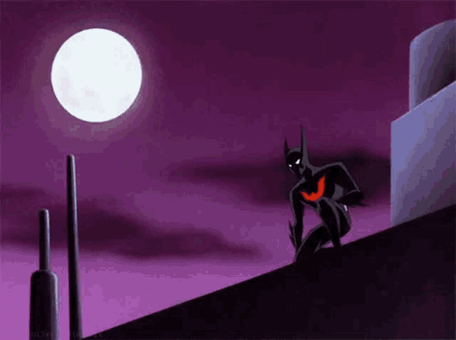 a cartoon of batman standing on top of a building at night .