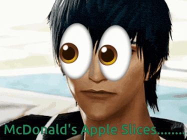 a man with big eyes and the words mcdonald 's apple slices on the bottom