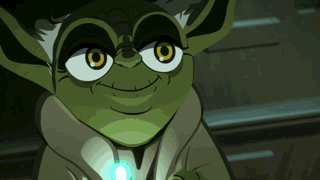 a close up of a cartoon character with a green light around his neck