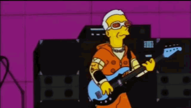 a cartoon of a man playing a guitar with a purple background