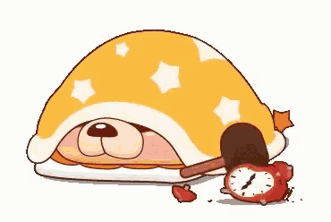 a cartoon dog is laying under a blanket holding a hammer and a clock .
