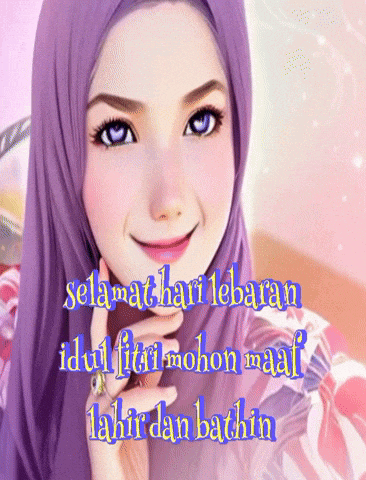 a girl in a purple hijab with the words selamat hari lebaran in blue letters