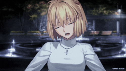 a girl with blonde hair and a white turtleneck has type moon written on the bottom