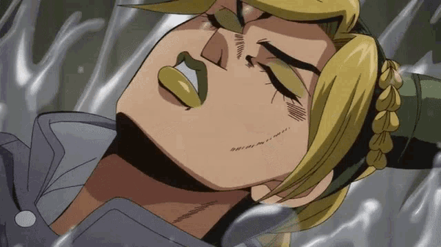 a close up of a cartoon character 's face with her eyes closed .